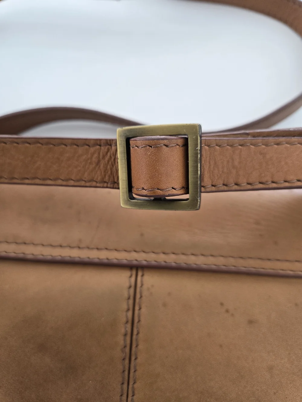 Classic Tan Leather Crossbody Envelope Bag with Pink Trim